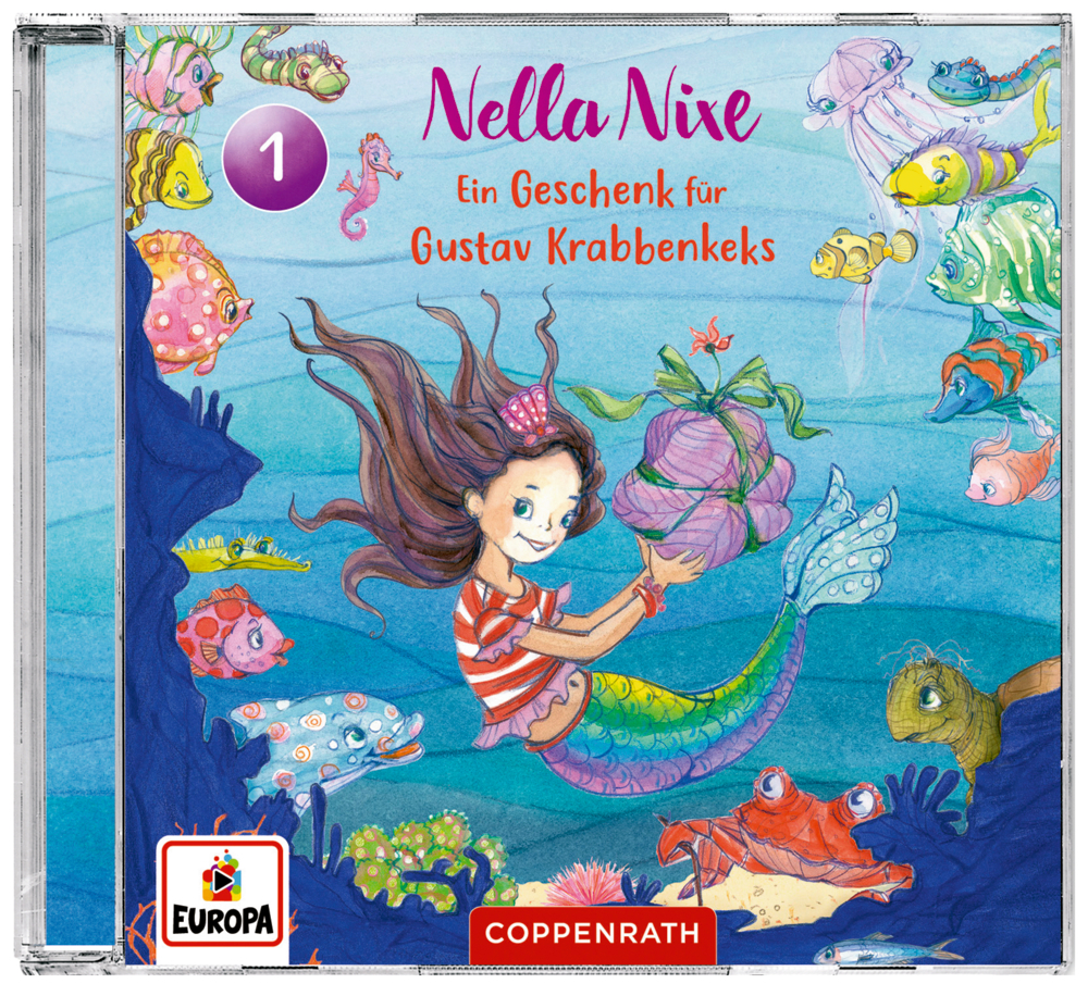 CD-Cover: Ein Meerjungfrauenmädchen hält ein verpacktes Geschenk unter Wasser, umgeben von lebhaften Meeresbewohnern.