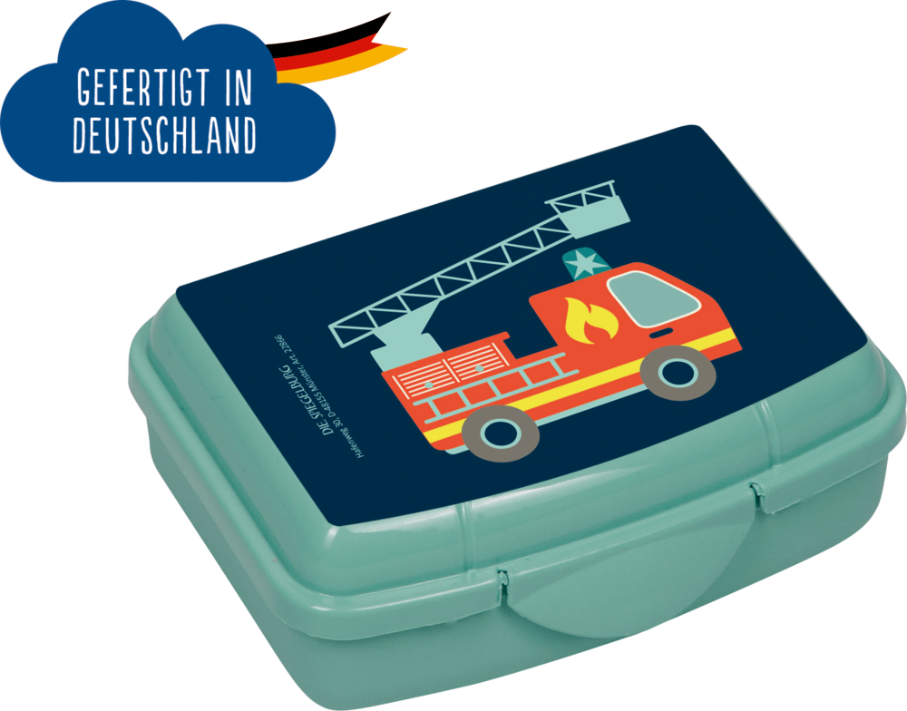 Grüne Snackbox mit Feuerwehrauto-Motiv und „Made in Germany“-Aufdruck.