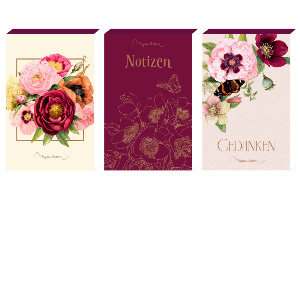 Drei Notizblöckchen: zwei mit Blumenmotiven, eines bordeaux mit Goldlinien und dem Wort „Notizen“.