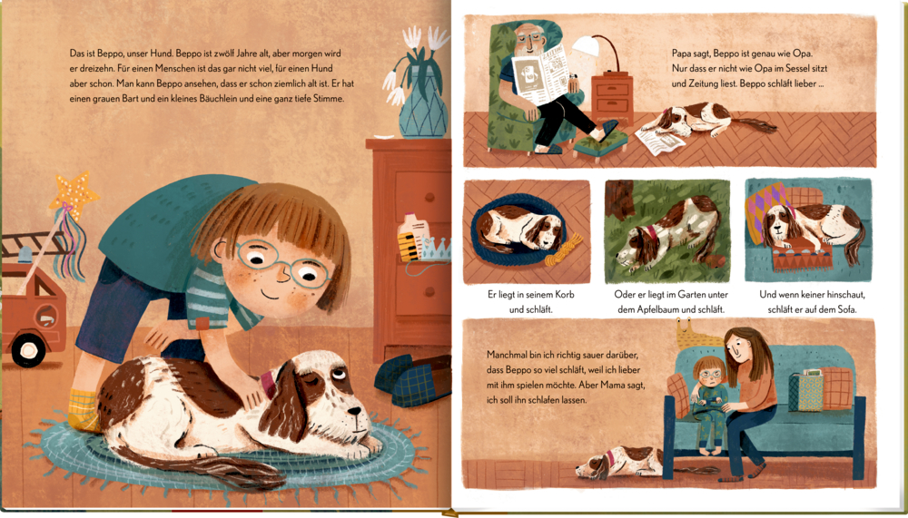 Auf einer Doppelseite mit  Text ist links ein Kind das einen braun-weißen Hund umarmt und rechts sind Comic-Panels die den Hund mit Menschen zeigen.