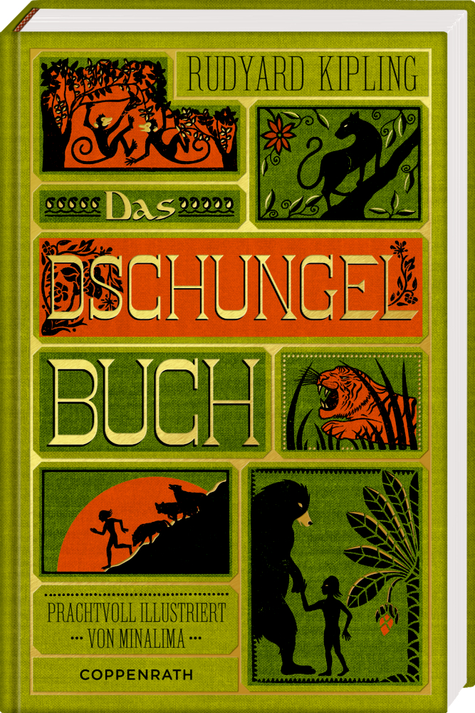 Buchcover „Das Dschungelbuch“ mit grünen und orangefarbenen Dschungelsilhouetten und Tierillustrationen.