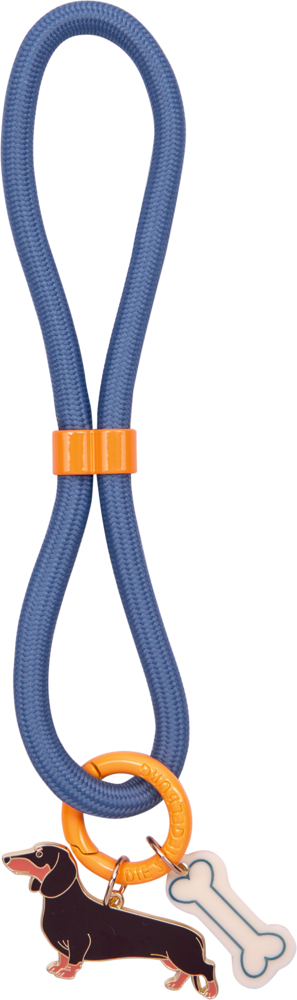 Blaues, geflochtenes Schlüsselband mit orangefarbenem Karabiner und Anhängern in Form eines Dackels und eines Knochens.