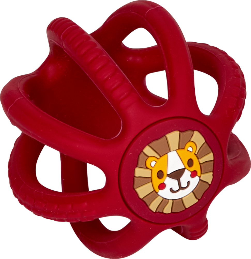 Roter Babyball aus Gummi mit offenen Seiten und einem Cartoon-Löwengesicht auf einer Seite.
