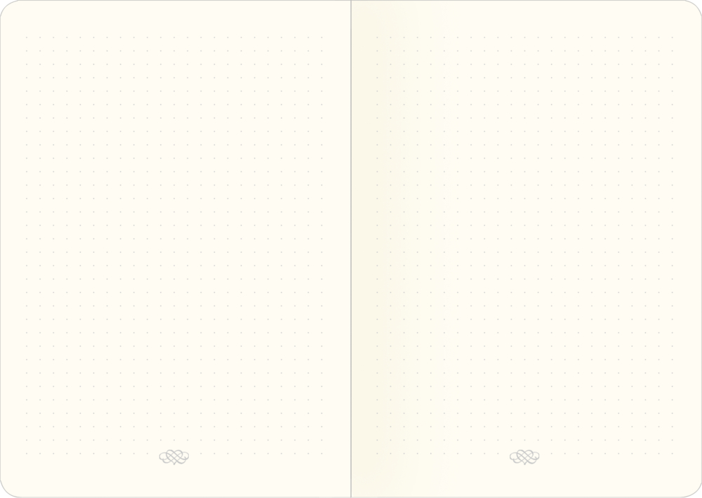 Aufgeschlagenes Notizbuch mit punktkarierten, cremefarbenen Seiten und kleinem Symbol unten auf jeder Seite.