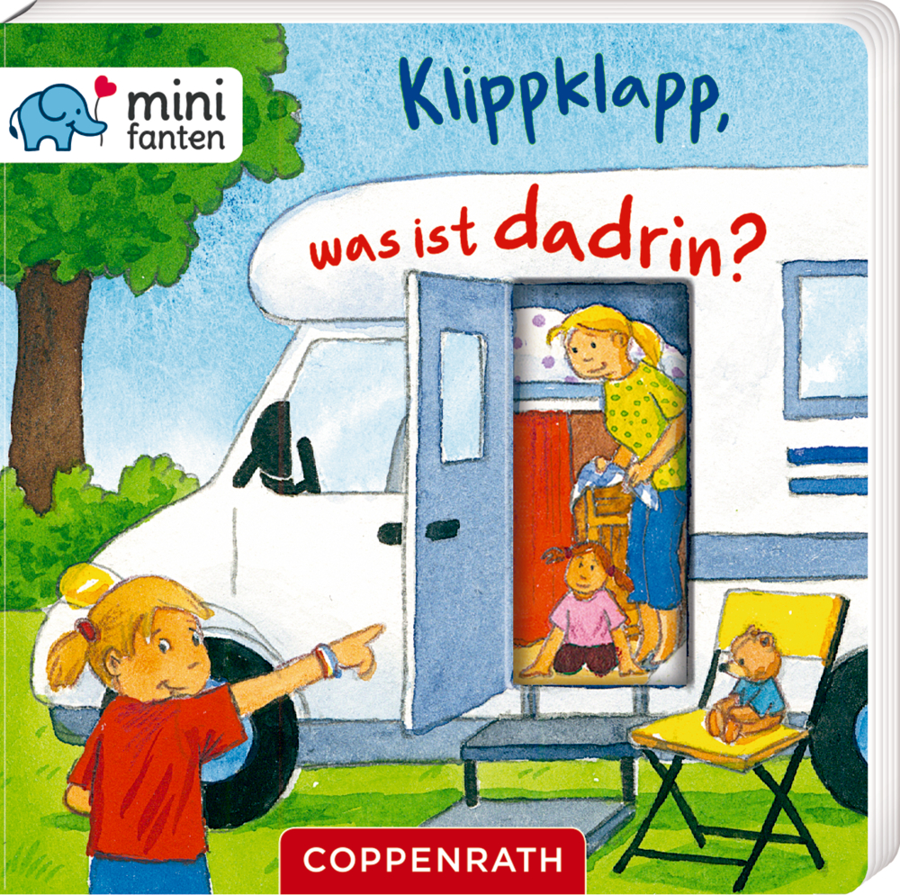 Ein Mädchen zeigt auf einen Wohnwagen mit einer Frau und einem Kind darin. Titel: „Klippklapp, was ist Dadrin?“.