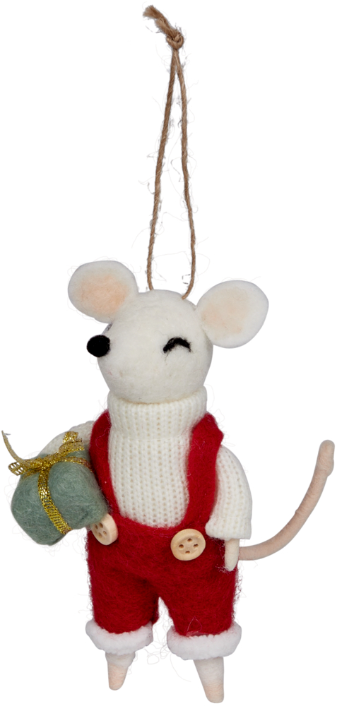 Filzanhänger in Form einer weißen Maus mit roter Latzhose, weißem Pullover und grünem Geschenk in der Hand.