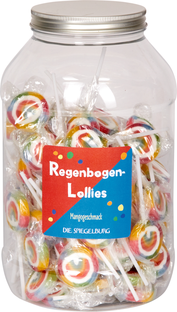 Ein Glas mit Regenbogen-Lollis in Plastikfolie, mit der Aufschrift „Regenbogen-Lollies“.