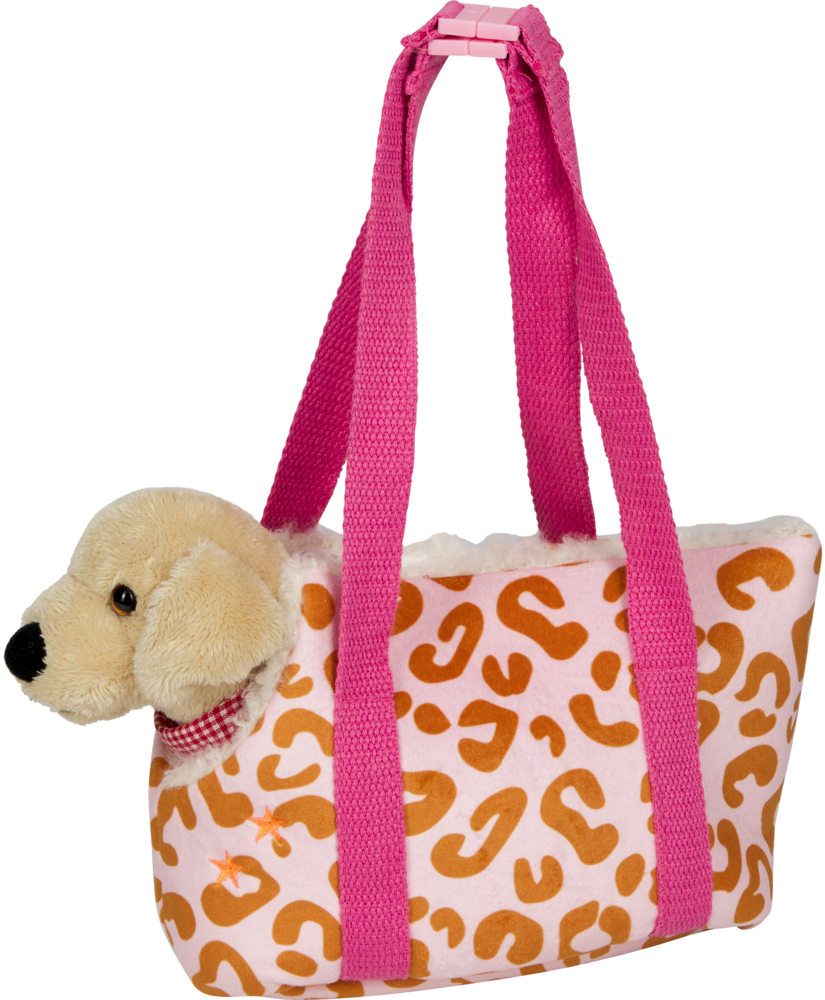 Plüschhund schaut aus einer rosa Tasche mit Leopardenmuster und leuchtenden pinken Henkeln.