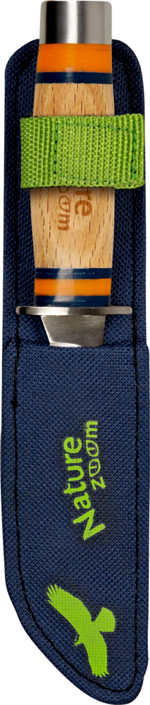 Kleines Messer mit Holzgriff in blauer Scheide mit der Aufschrift „Nature Zoom“ und einer grünen Vogelgrafik.