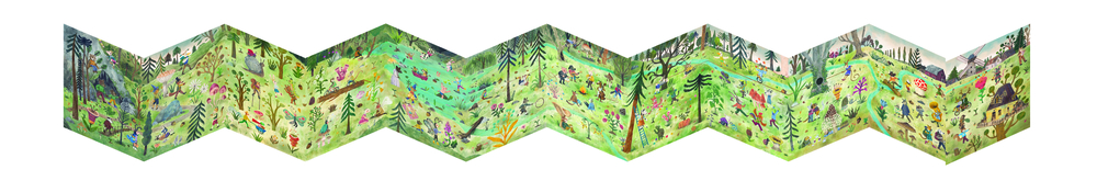 Ein Bilderbuch-Leporello zeigt Menschen und Tiere, die einen üppigen, grünen Wald erkunden.