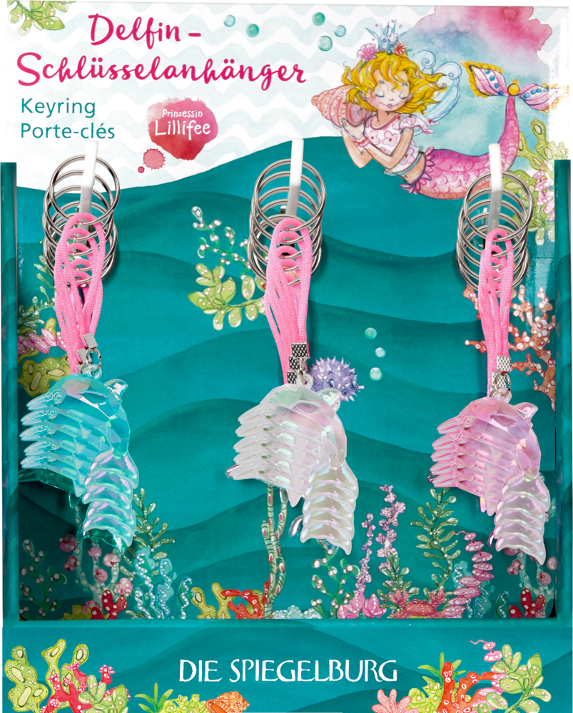 Drei Delfin-Schlüsselanhänger mit rosa Kordeln in einer farbenfrohen Schachtel mit Meeresmotiv und Feenillustration.