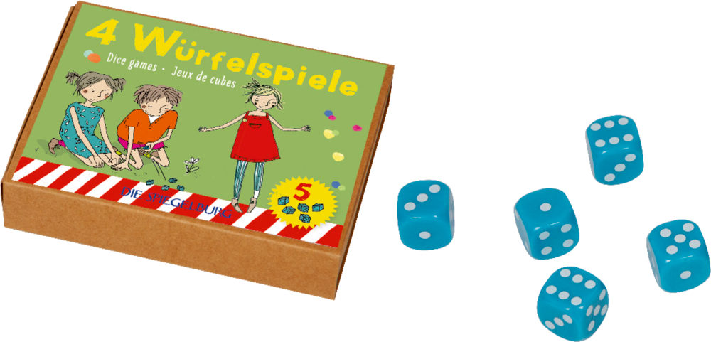 Kleine Schachtel mit der Aufschrift "4 Würfelspiele" und Illustration spielender Kinder. Daneben 5 Würfel.