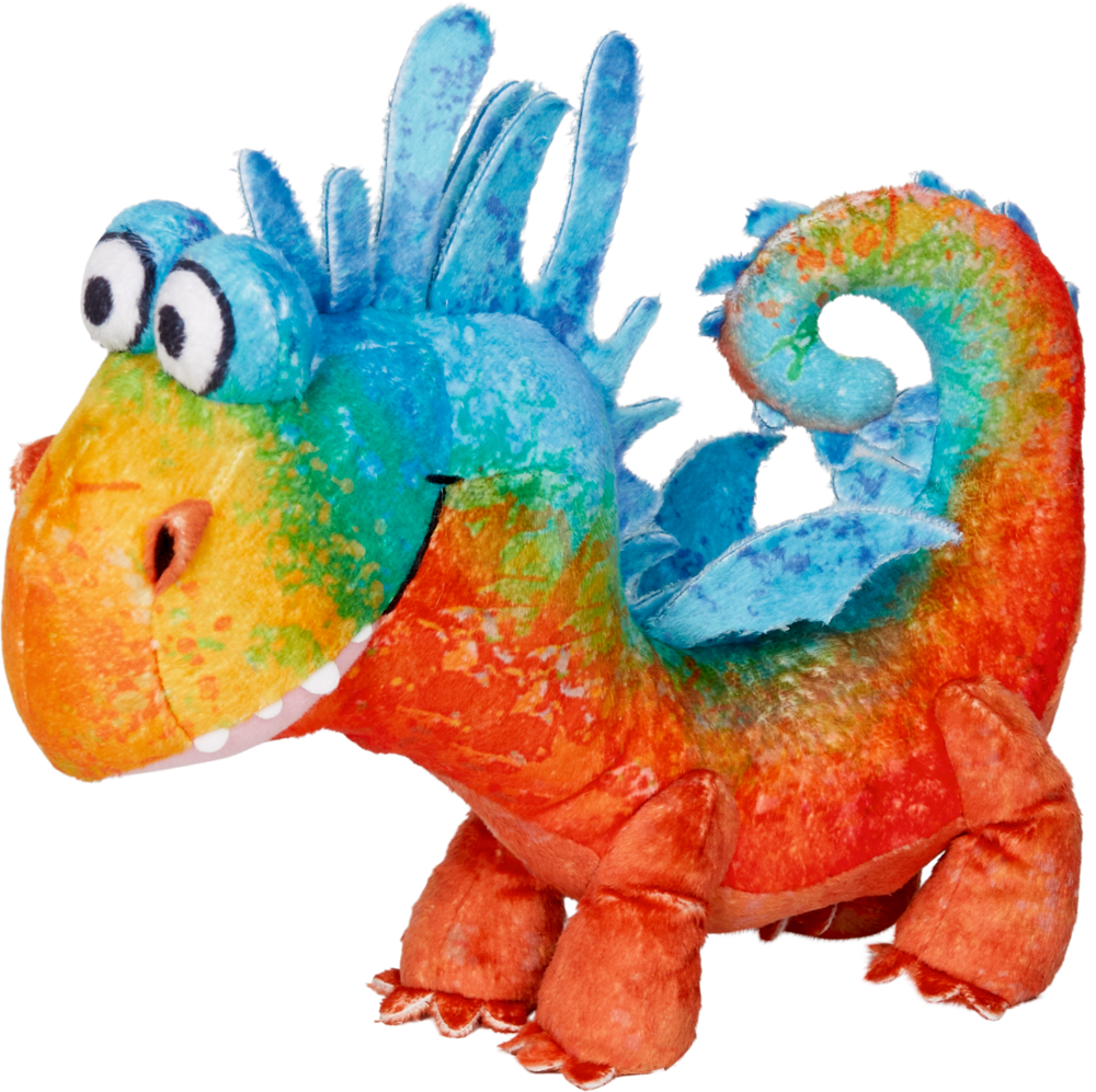 Plüschdrache mit blauen Stacheln, großen Augen und einem leuchtend orangefarbenen, gelben und grünen Körper.