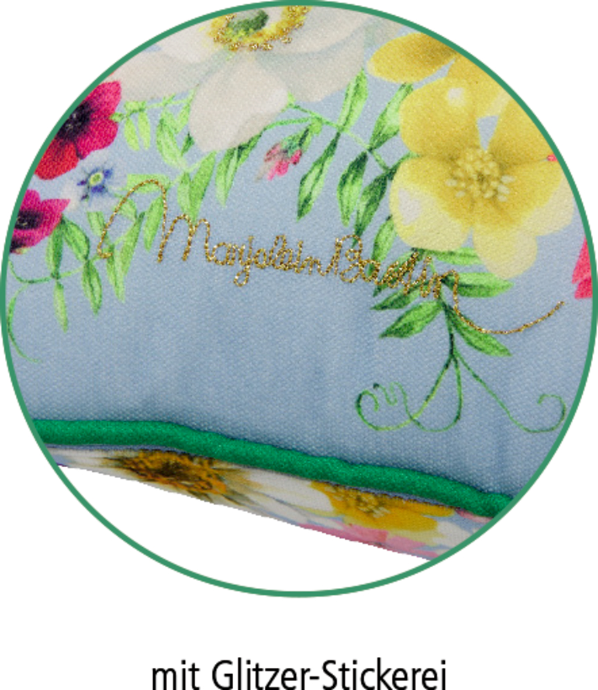 Bunter Stoff mit Blumenmuster und goldener Glitzerstickerei, dargestellt in einem grünen Kreis.