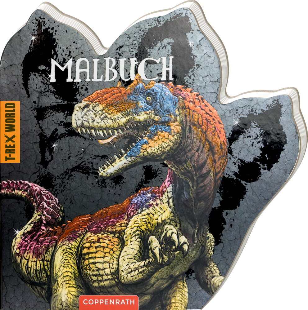 Dinosaurier-Malbuch in Umrissform eines T-Rex mit farbig illustriertem Dinosaurier auf dunklem Hintergrund.