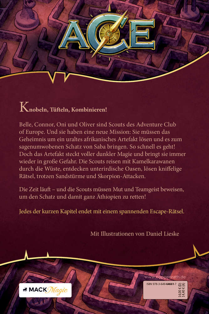 Rückseite eines Buches mit goldenem Kompass-Logo „ACE“ über einem Labyrinth und mehrzeiligem gelbem Beschreibungstext auf rotem Hintergrund.