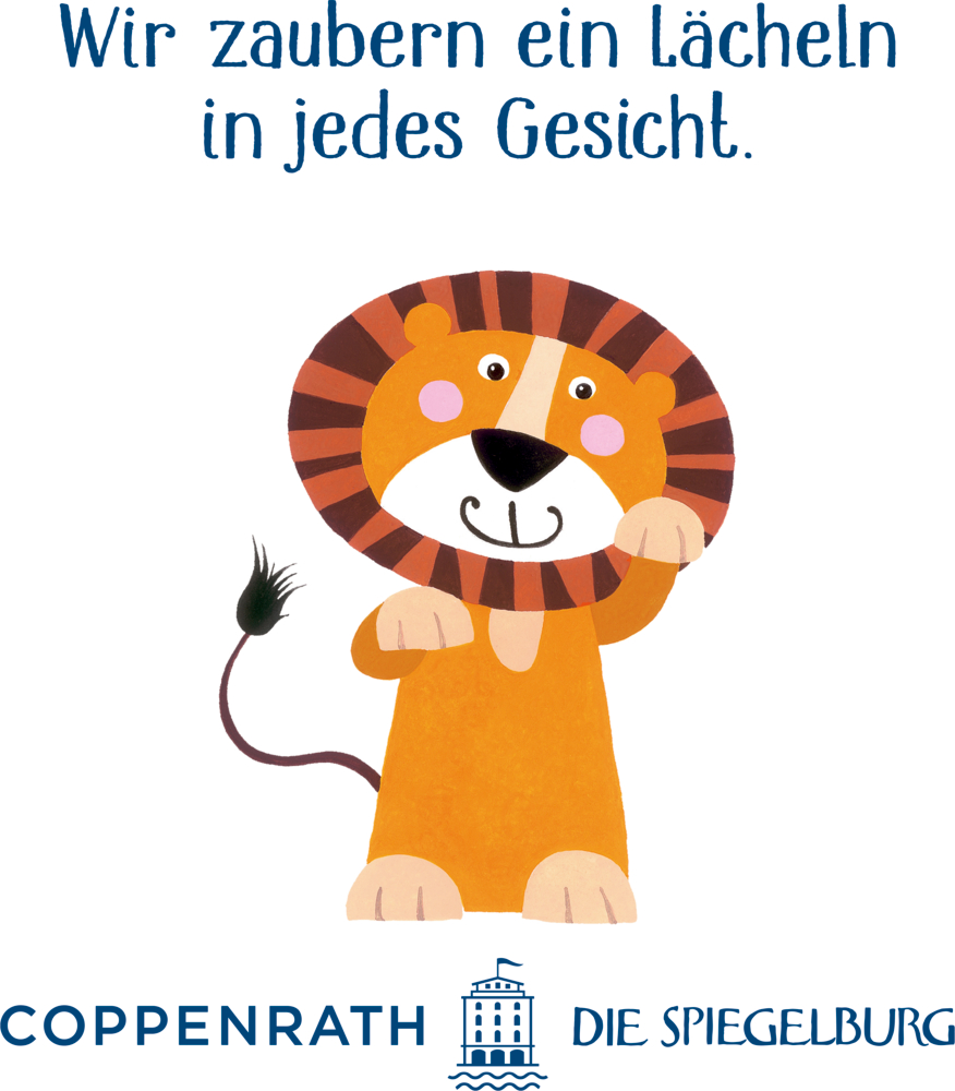Unter dem deutschen Text und den Logos von Coppenrath Die Spiegelburg winkt ein lächelnder Cartoon-Löwe.