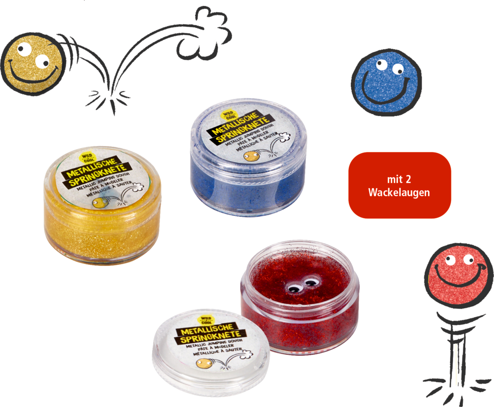 Drei Dosen glitzernde Knete in Gelb, Blau, Rot, eine davon mit zwei Wackelaugen, mit gezeichneten Smiley-Kreisen.