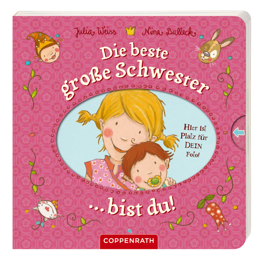 Kinderbuchcover: Zwei lächelnde Mädchen auf rosa Hintergrund mit dem Text „Die beste große Schwester ... bist du!“.