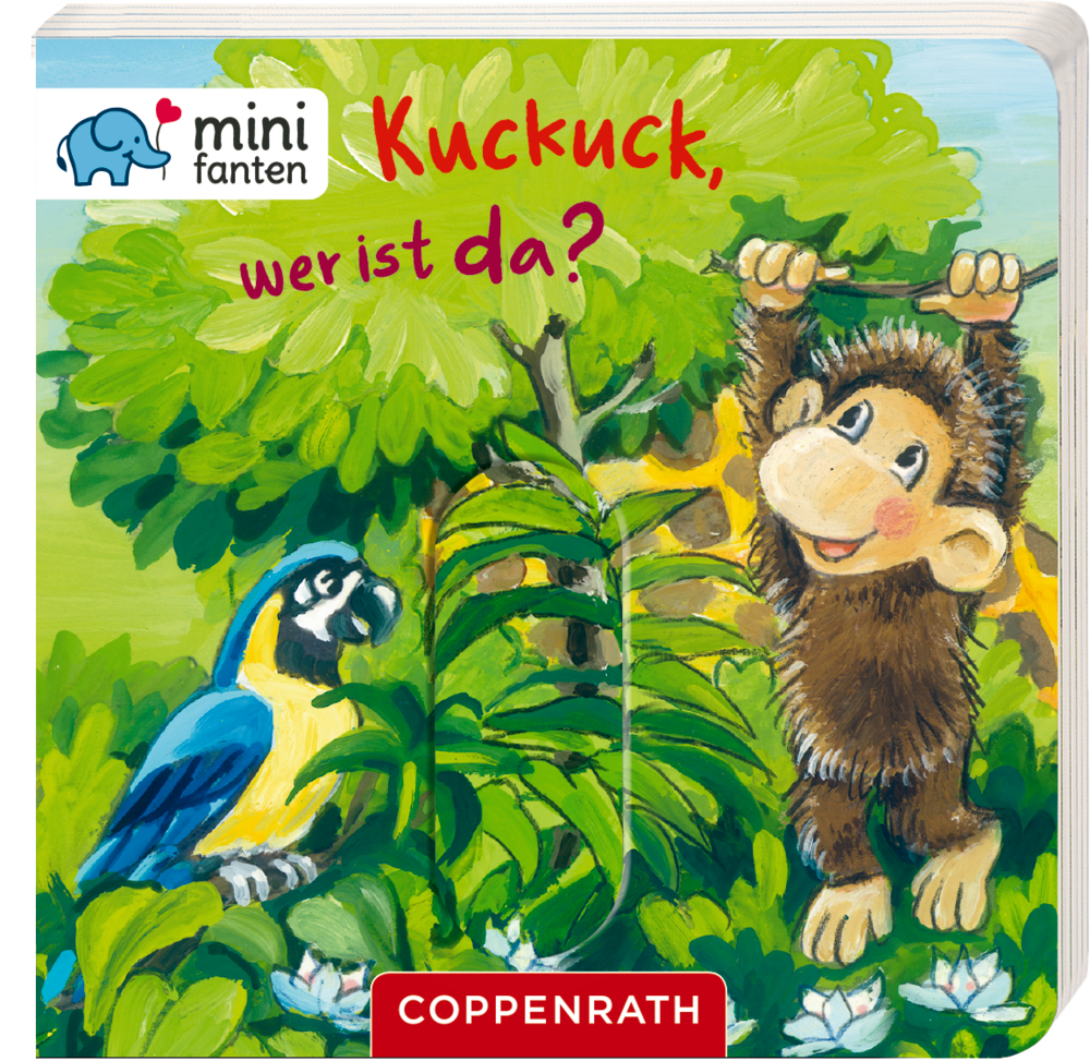 Illustrierter Buchumschlag: Affe und Papagei im Dschungel, Titel „Kuckuck, wer ist da?“.