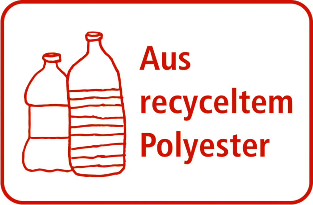 Rote Grafik mit zwei Flaschen und dem Text „Aus recyceltem Polyester“.