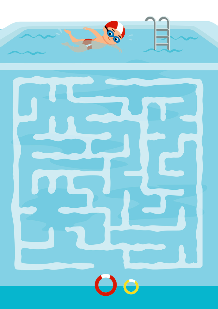 Kind mit roter Badekappe schwimmt in einem Pool mit Labyrinthmuster unter Wasser und Leiter am Beckenrand.