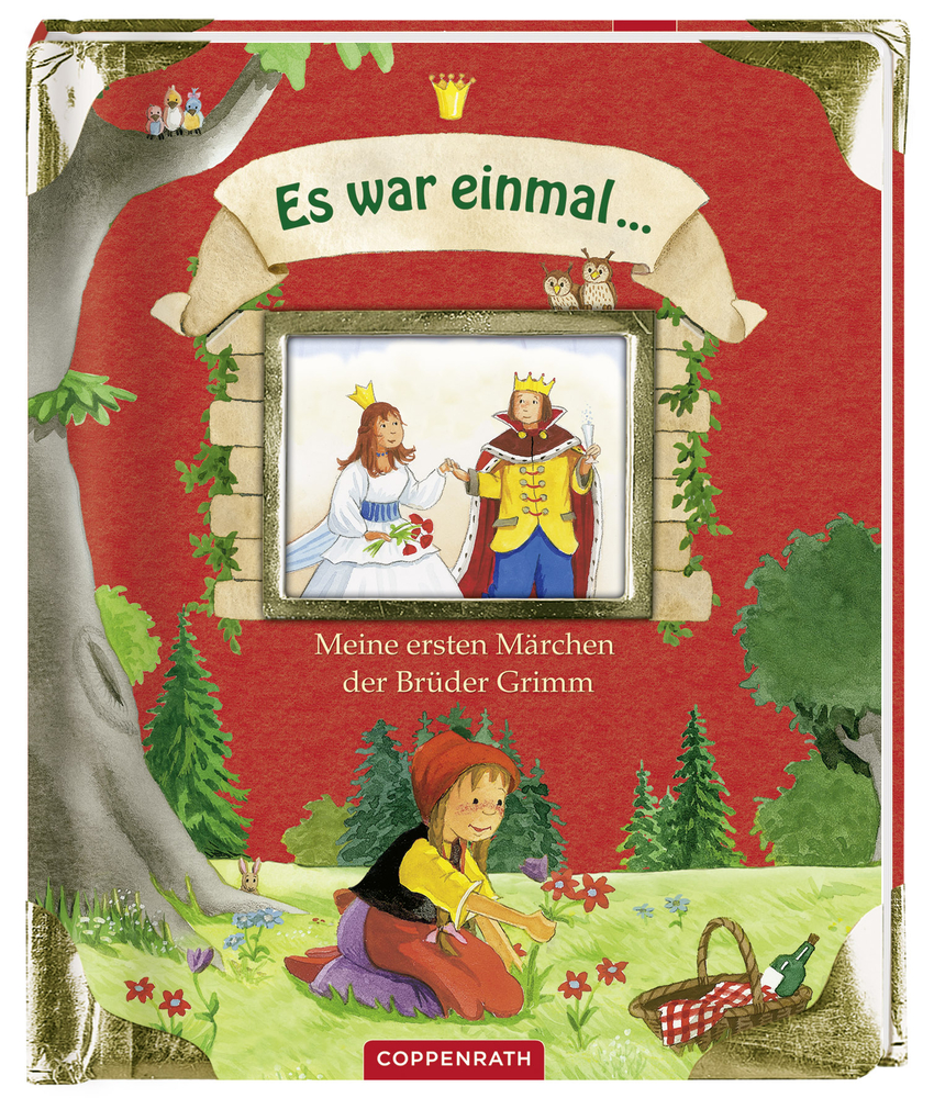 Märchenbuchcover: Rotkäppchen im Wald, mit eingerahmter Szene von Prinz und Prinzessin.