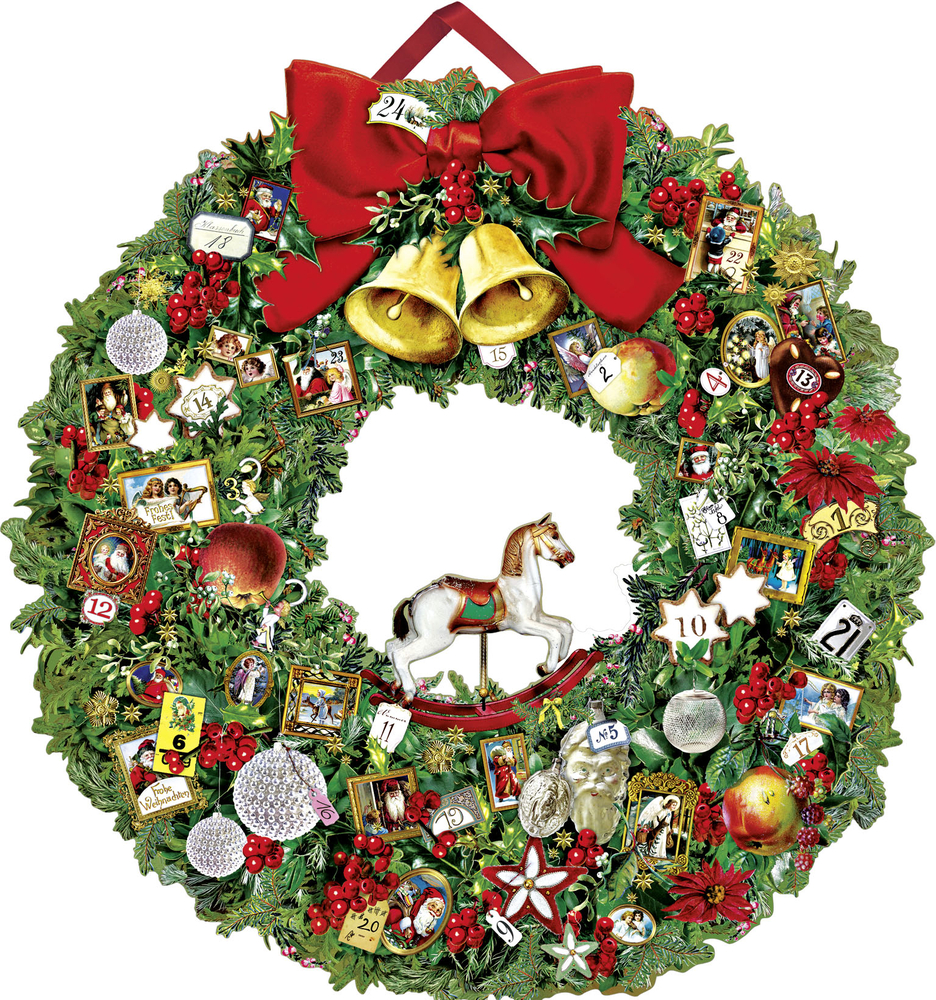 Festlicher Weihnachtskranz mit roter Schleife, goldenen Glöckchen, Ornamenten und einem Schaukelpferd als Tafelaufsatz.