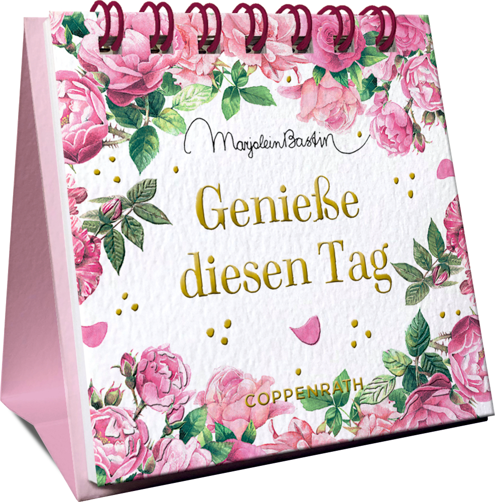 Mini-Spiralaufsteller mit rosa Blumenmuster und goldenem Titel „Genieße diesen Tag“ auf dem Einband.