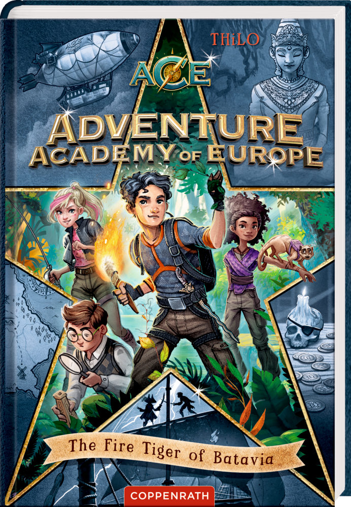 Vier Kinder auf einer Suche, umgeben von mystischen Symbolen und Artefakten in einer lebendigen, actionreichen Szene auf dem Cover von "Adventure Academy of Europe - The Fire Tiger of Batavia.".