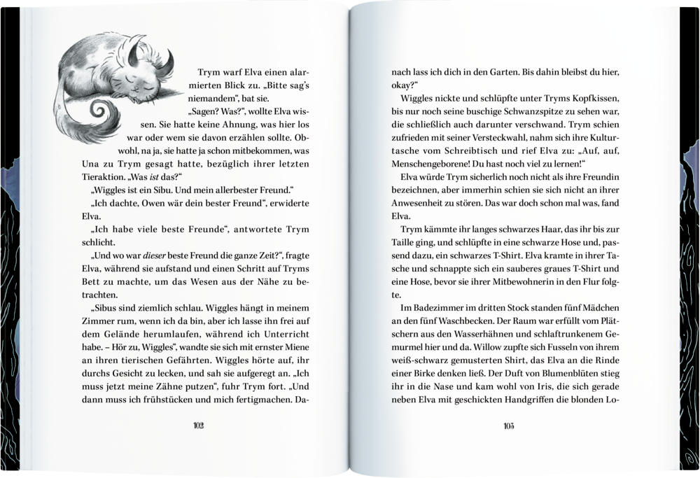 Offenes Buch mit Text und einer schwarz-weißen Zeichnung eines schlafenden, katzenähnlichen Wesens mit Hörnern auf der linken Seite.