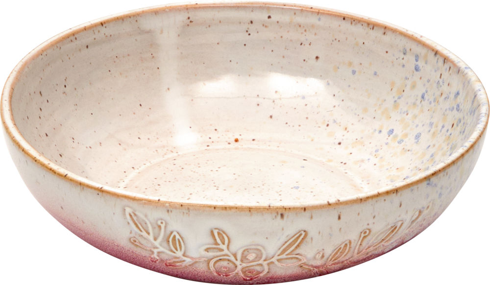 Creme-weiße, flache Keramikschale mit dezenter Blumengravier an der Seite und rotem Farbverlauf am Boden.
