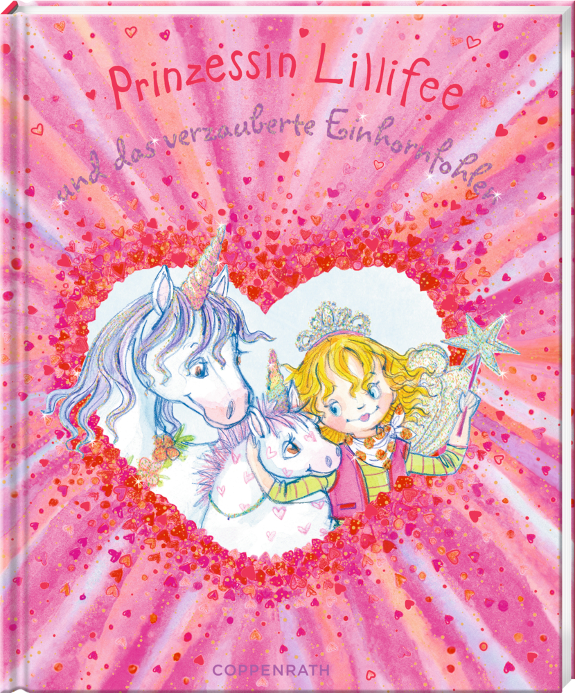 Buchcover mit einer pinken Fee, einem Einhorn und einem in einem pinken Herz.