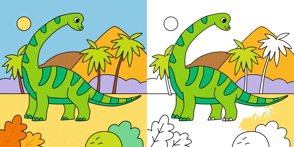 Ein lächelnder grüner Dinosaurier steht neben Bergen und Palmen, linke Seite farbig, rechte Seite als Umriss dargestellt, auf einem Ausmalbild.