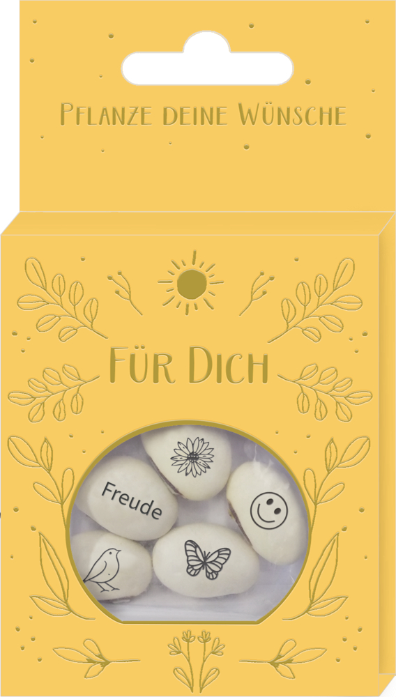 Gelbes Saatgutpäckchen mit Aufdruck Pflanze deine Wünsche und Für Dich, darauf Bohnen mit Symbolen und Wörtern.