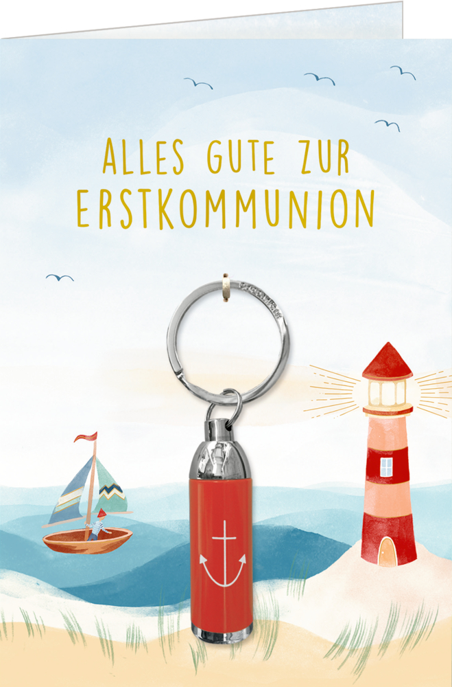 Karte mit Mini-Taschenlampen-Schlüsselanhänger, Segelboot und Leuchtturm, mit dem Text: Alles Gute zur Erstkommunion.