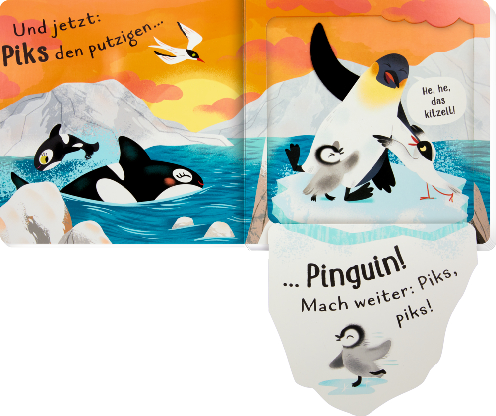 Buchinnenabbildung mit lustigen, sich kitzelnden Pinguinen im WaÃŸer und auf EiÃŸchollen.