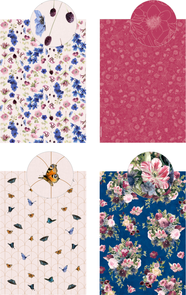 Vier Papiermuster mit floralen und tierischen Motiven in Blau, Rosa, Rot und Naturtönen, teils mit Blumen oder Schmetterlingen.