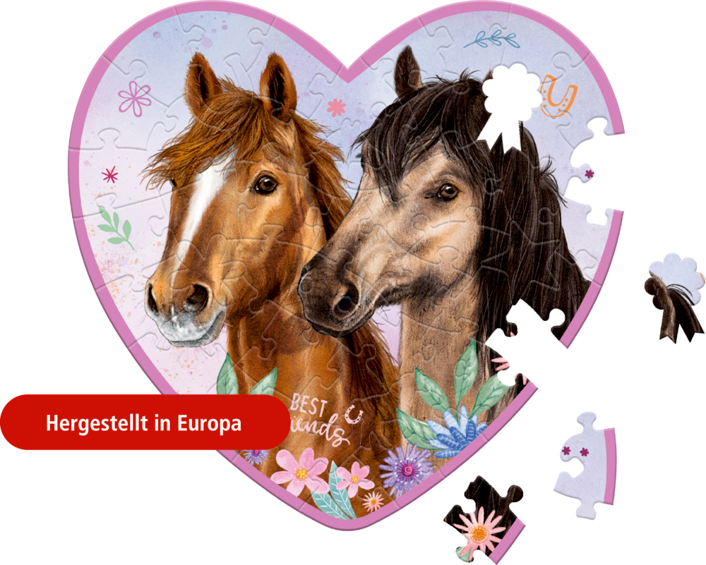 Herzförmiges Puzzle mit zwei Pferdeköpfen und Blumenmotiv, teilweise unvollständig zusammengesetzt und hergestellt in Europa.