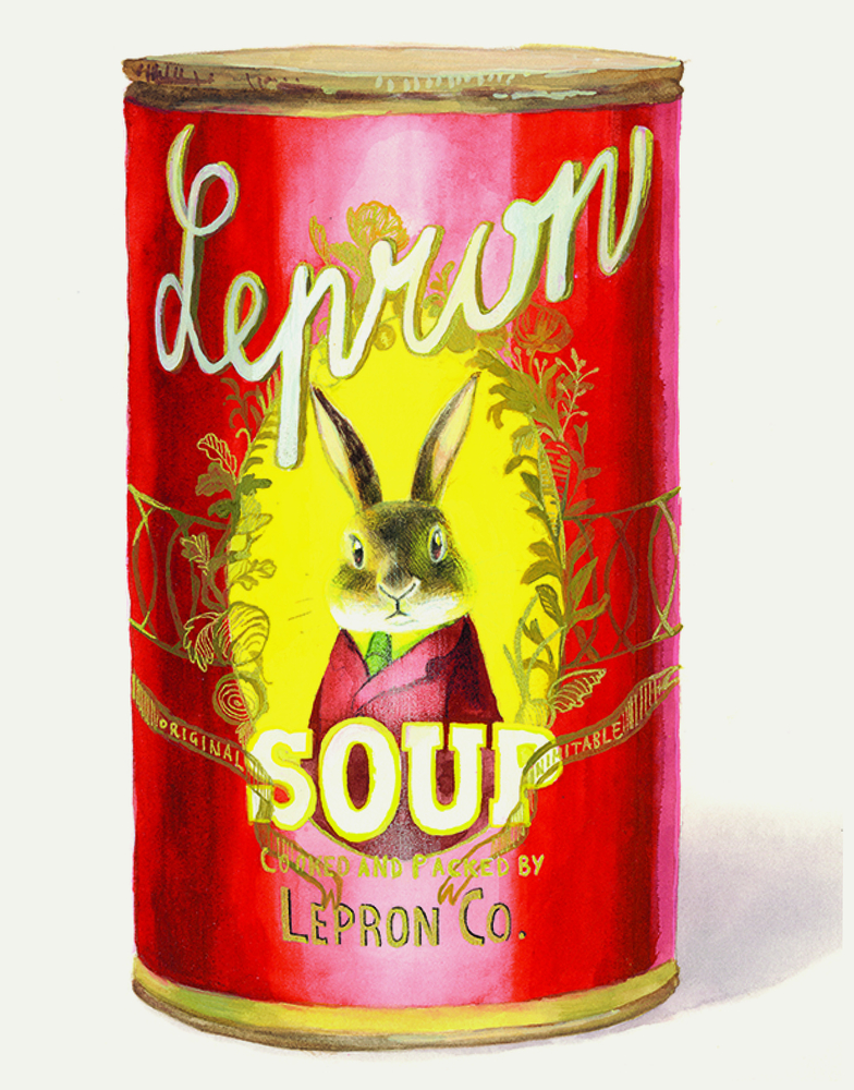 Eine rote Suppendose mit der Aufschrift „Lepron“, auf deren Vorderseite ein Hase im Anzug abgebildet ist.