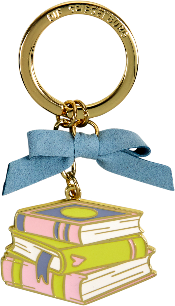 Goldener Schlüsselanhänger mit blauer Schleife und Anhänger aus drei pastellfarben gestapelten Büchern.