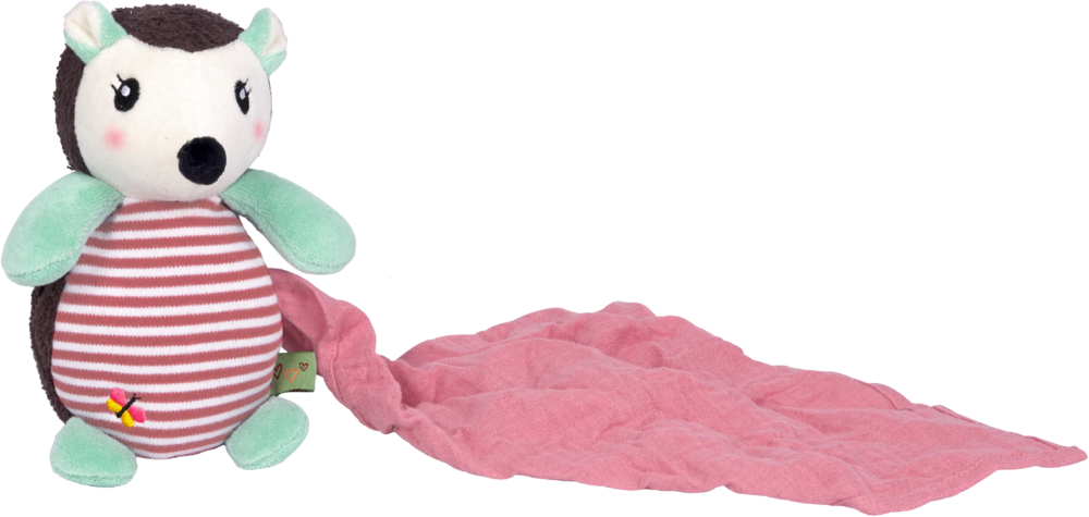 Plüschigel mit mintgrünen Gliedmaßen, rosa-weiß gestreiftem Bauch und angenähtem rosa Schnuffeltuch.