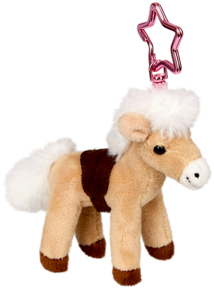 Hellbrauner Plüschpferd-Schlüsselanhänger mit flauschiger, weißer Mähne und Schweif, braunem Sattel und einer rosa Sternklammer.