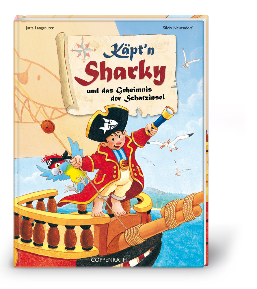 Illustrierter Piratenjunge mit Papagei, Schiff und Schatzkarte auf dem Cover eines Kinderbuchs.