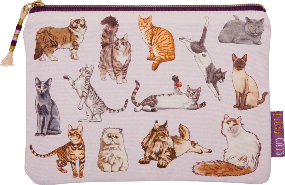 Reißverschlusstasche mit illustrierten Katzen in verschiedenen Posen auf rosafarbenem Untergrund.