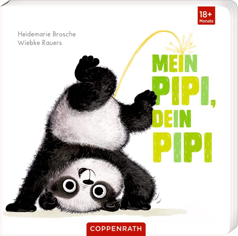 Panda macht einen Handstand und pinkelt, auf dem Vover von „Mein Pipi, Dein Pipi“ in grüner r Schrift.