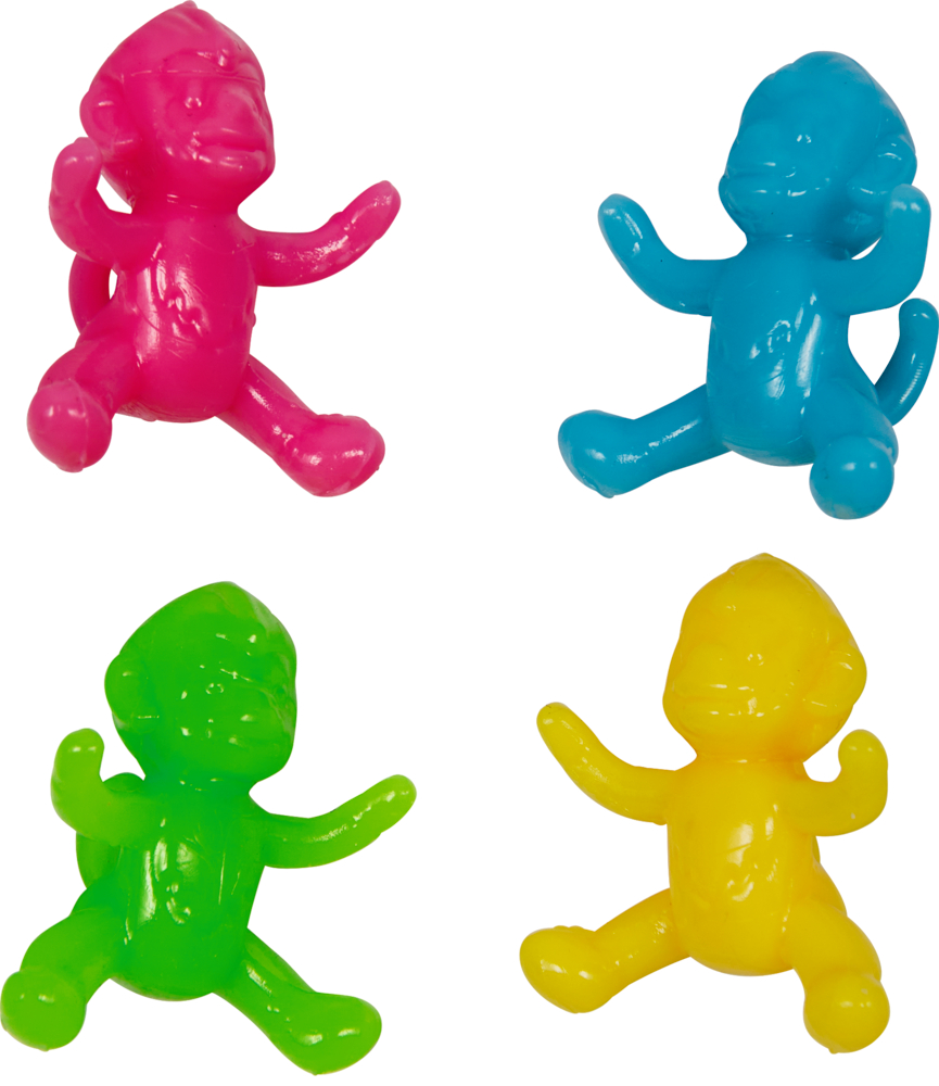 Vier kleine Affenfiguren aus Kunststoff in Pink, Blau, Grün und Gelb.