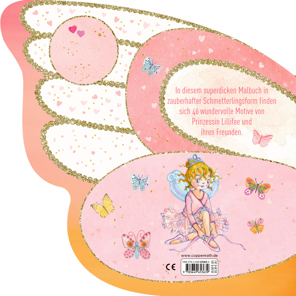 Rosa Malbuchrückseite in Schmetterlingsform mit Illustration einer sitzenden Fee und bunten Schmetterlingen.