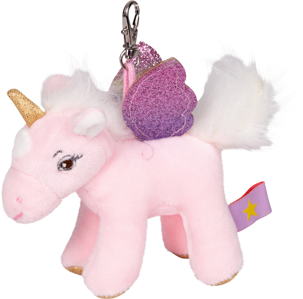 Plüschiger rosa Einhorn-Schlüsselanhänger mit glitzerndem Horn, lila Flügeln und weißer Mähne und Schweif.