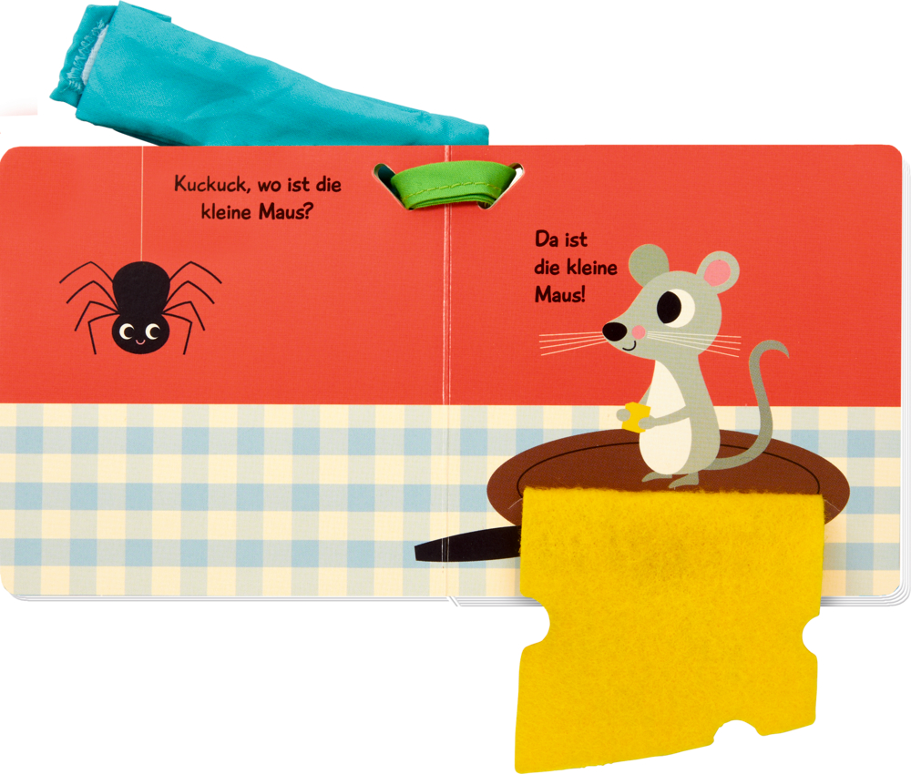 Eine  Kinderbuchseite, auf der eine Maus mit Käse und eine Spinne fragt: „Wo ist die kleine Maus?“.